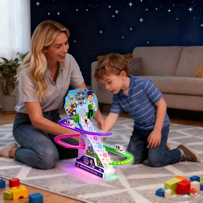 Dogs Climbing Toy Set Electric Light Slide Climbing Toys for Automatic Stairs,Playful Santa Race Game Christmas Roller Climbing Toys with LED Light and Music for Toddlers Boys Girls