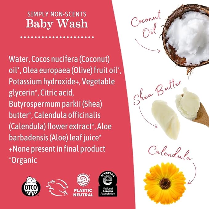 Earth Mama Simply Non-Scents Baby Wash Foaming Hand Soap Refill, Organic All-Purpose Body Wash for Sensitive Skin, Castile Soap with Coconut Oil, Shea Butter, Calendula, & Aloe, 5.3floz 2-Pk