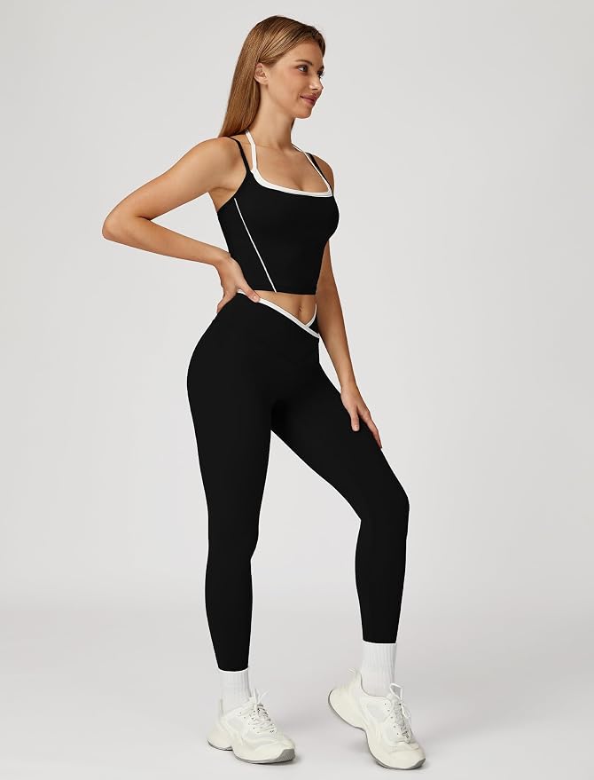 ABOCIW Workout Sets for Women 2 Piece Color Block Strappy Sports Bra High Waist Shorts Gym Yoga Pilates Outfits
