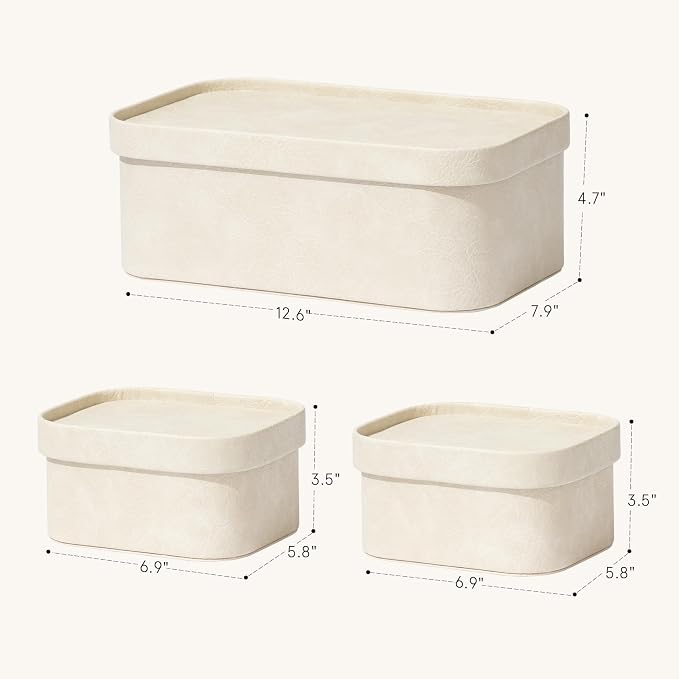 La Jolie Maison Faux Leather Decorative Storage Baskets, Ivory 3 Pack | PU Leather Stroage Boxes with Lids, Organizer for Jewelry and Vanity, Shelves, Drawers, Bedroom & Closet Storage Memory Box