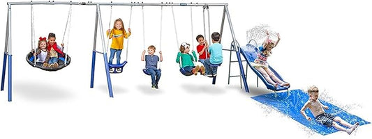 XDP Recreation Fun Always Outdoor Playground with Water Slide, Super Disc Swing, and AirGlider for 2 with Foot-Rests, for up to 8 Kids