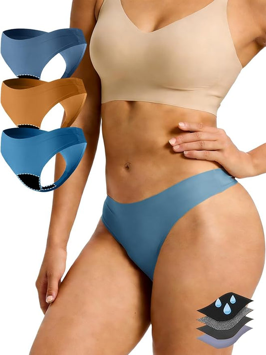 Seamless Thong Period Underwear for Women Teens Light Flow Moisture Wicking Side Leak Prevention Panties 3 Pack