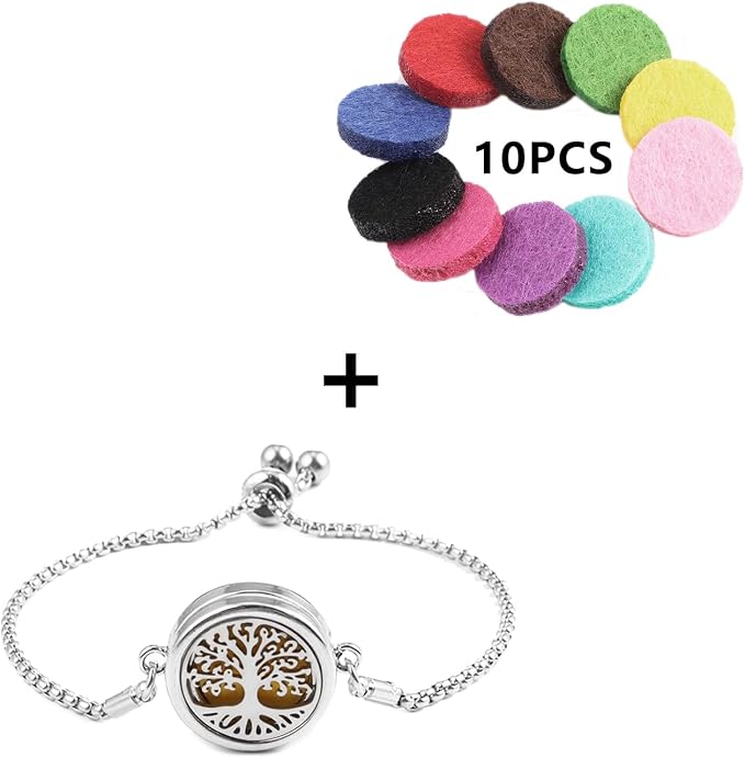 Essential Oil Diffuser Bracelet Aromatherapy Locket Adjustable Stainless Steel Tree of Life Bracelet with 10 Pcs Refill Pads for Women Girls