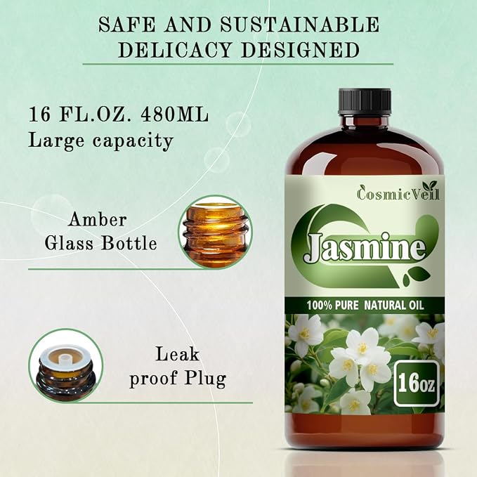 Jasmine Essential Oil Jasmine Oil for Aroma Diffuser,Humidifier,Home Fragrance,Cleaning,Body Care,Massage,Yoga,DIY Candle,DIY Soap CosmicVeil（Jasmime，16 Fl Oz (Pack of 1)）