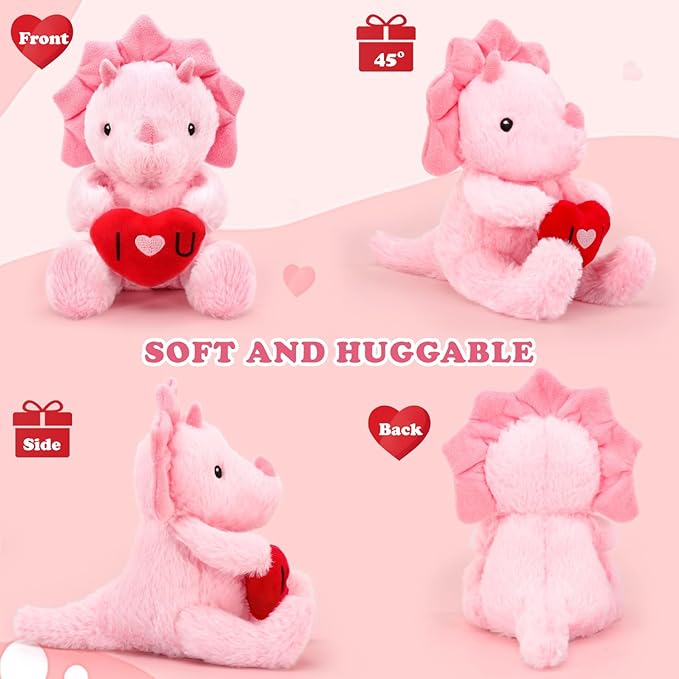 Valentine's Day Gifts for Kids, Pink Dinosaur Stuffed Animal with Heart, Cute Soft Triceratops Plush Gift for Him, Her, Boyfriend, Girlfriend, Families, Birthday Anniversary to Show Love