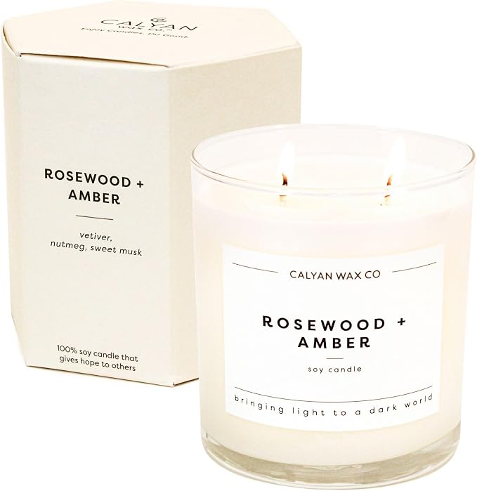 Calyan Wax Co. Rosewood & Amber 2 Wick Scented Candle - 37 Hour Burn - Luxury Clean Soy Wax Candles - Long Lasting Large Glass Jar Candle for Home - 8.8oz