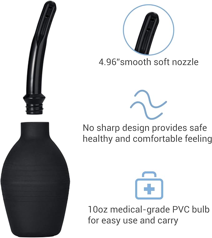 TopQuaFocus 10oz Enema Bulb Douche Bulb for Men or Women Colon Cleaning 4.8' Tip Anal and Vaginal Cleaner(Black)