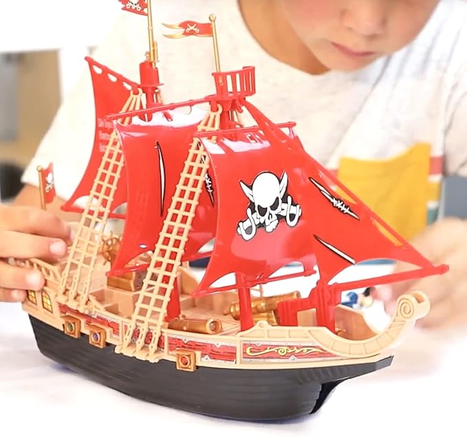 Toy Pirate Ship Boat Adventure Playset with Lights Sounds Action Figures, Red, Boys, Ages 3+