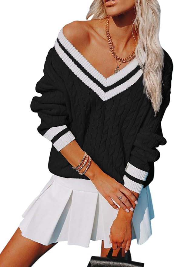 Aoudery Womens V Neck Oversized Sweaters Long Sleeve Cable Knit Pullover Striped Chunky Sweater Casual Tennis Tunic Tops