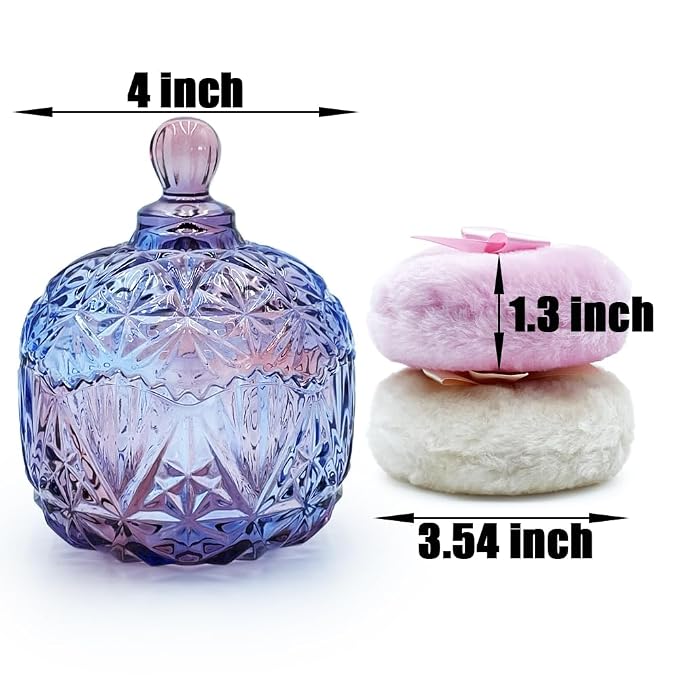 Luxury 4 Inch Glass Powder Container with 2 Soft 3.5" Puffs｜Non-Sealed Refillable Organizer for Body Powder, Makeup & Jewelry｜Setting Powder Applicator w/Loose Powder Storage(Crown-Colorful Purple)