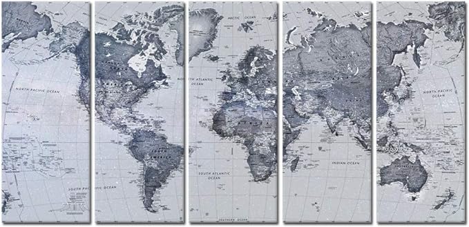 iKNOW FOTO 5 Pieces Vintage World Map Canvas Prints Push Pin Wall Art Decor Trace Travel Marks The Map of The World Antique Framed Picture for Living Room Office 16x40inx5