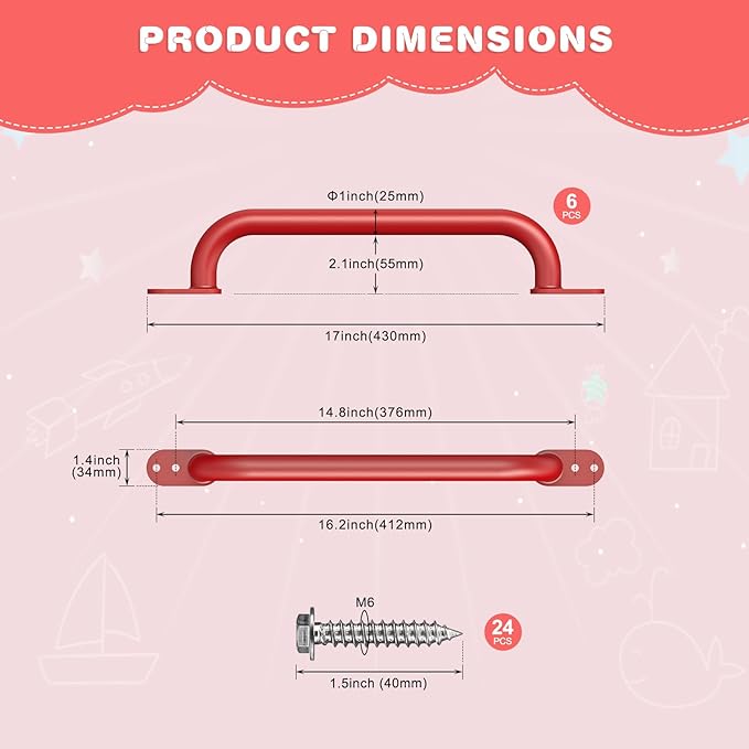 Dolibest 6 Pack 17-Inch Safety Handle, Heavy Duty Metal Safety Playground Handles, Indoor Monkey Bars, Playset Grab Handles for Kids Playhouse, Climbing Frame, Treehouse, Swing Set Accessories -Red