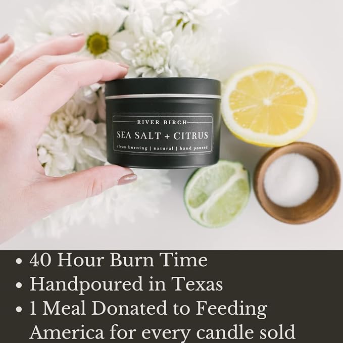 River Birch Candles Sea Salt + Citrus Scented Candle | Premium, All-Natural, Non-Toxic, Soy Candles | 8 oz. Black Matte Tin Travel Candle | Cozy Relaxing Gifts for Home