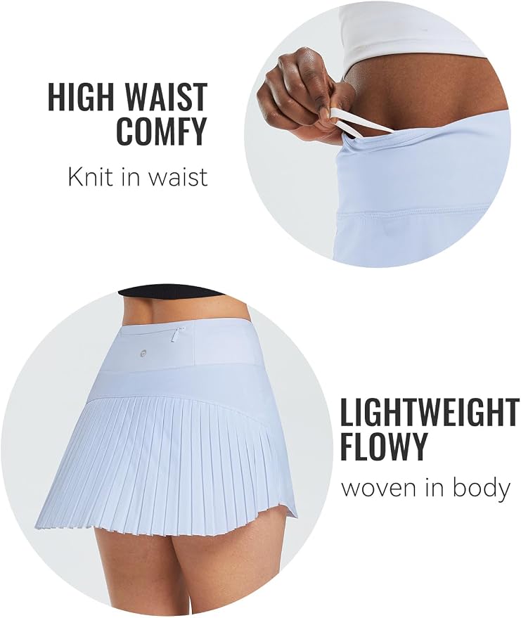 baleaf Tennis Skirt Pleated Golf Skorts with 3 Pockets | 14", Built in Shorts, High Waisted, Anti-slip Strip, Lightweight, for Athletic, Workout, Pickleball, Skorts for Women