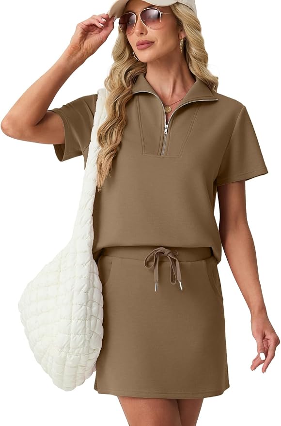 GRECERELLE Women's Summer 2 Piece Skort Set Half Zip Short Sleeve Top & Pocketed Tennis Skirt For Sports & Vacations.