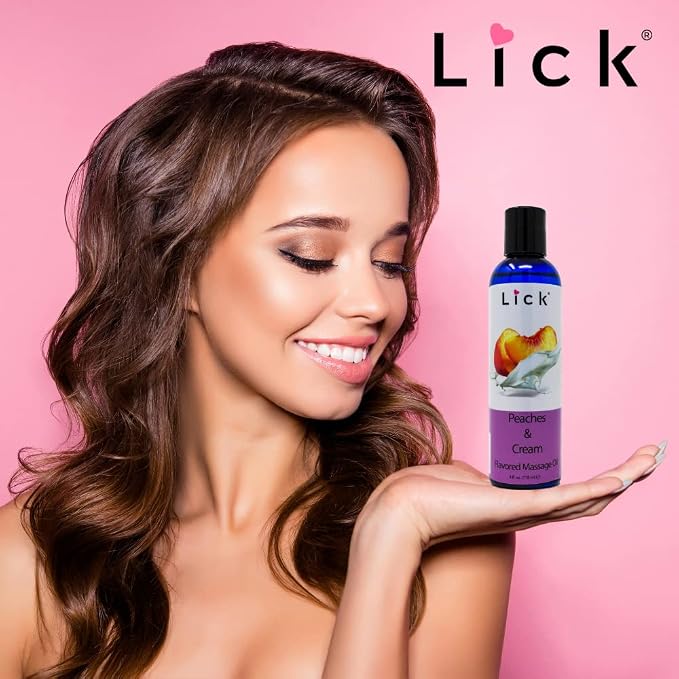 Lick Peaches and Cream Flavored Massage Oil – Sweet Dessert-Inspired Edible Massage Oil with Vitamin E, Smooth Body-Safe Glide for Couples Massage Nights, 4 oz