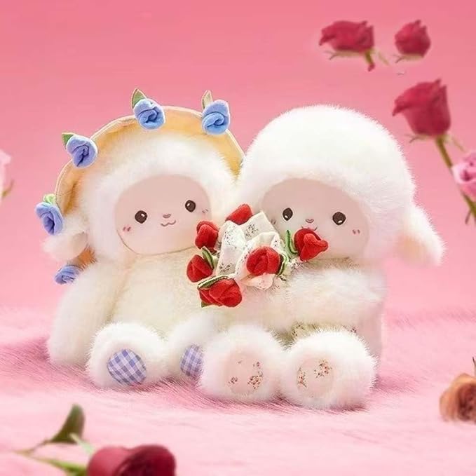 Baby Sheep Bouqet, Rose Bouquet Lamb Plush Toy, Hand Cute Stuffed Sheep with Flower, Emotional Support Animal Desk Decor, Soft Cuddly Pillow with Removable Hat (Blue,11.8 in)