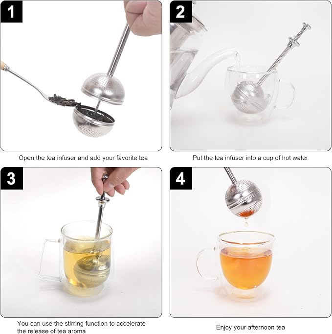 Long Handle Tea Ball, One Handed Pressing Operation, Easy to Use, 2Pcs | Fine Mesh Holes, Plastic Handle with Stainless Steel Ball, No Tea Residue, For Cup and Teapot, Tea Lover Gift