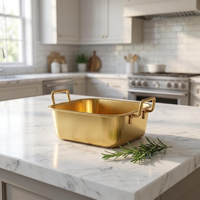 NUOBESTY Gold Korean Ramen Pot with Lid & Handles, 40 oz Stainless Steel Square Noodle Bowl Versatile Individual Serving Tray for French Fries, Fried Chicken, Tiramisu & Party Buffet, 6.3 Inch