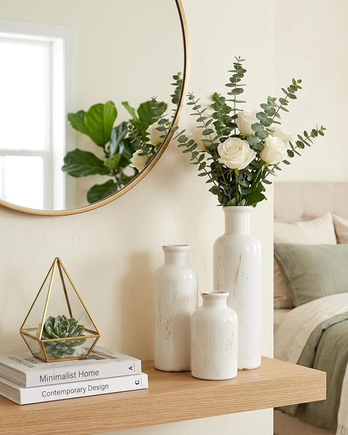 White Ceramic Vase Set of 3, Vintage Vases for Flowers and Home Decor | Distressed crackle glaze for tables, bookshelves, mantels, kitchens and offices