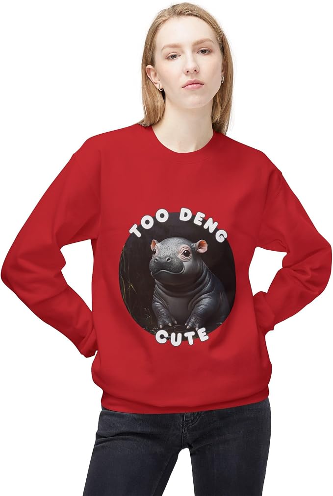Unisex Fleece Crewneck Sweatshirt - Too Deng Cute Moo Deng Hippo, Cozy Cotton Blend, Classic Relaxed Fit