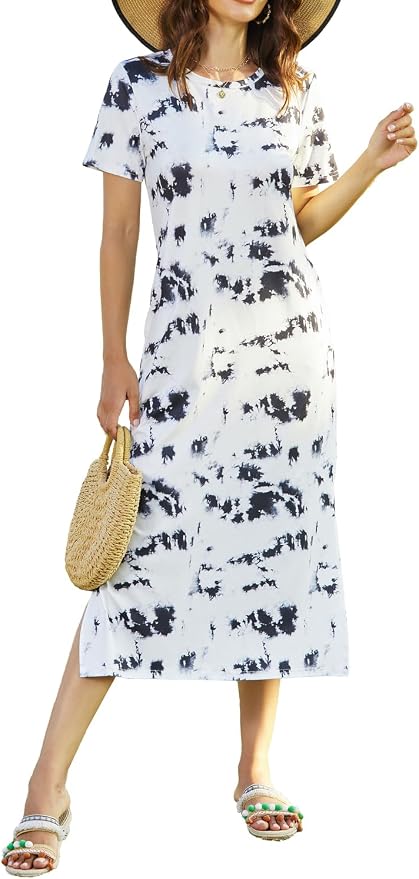 Naggoo Women's Casual T Shirt Midi Dress with Side Slit and Pockets