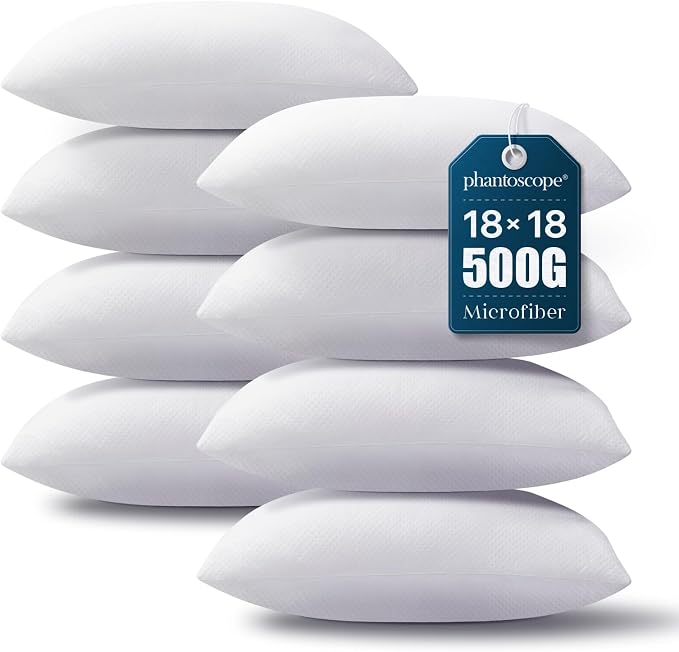 Phantoscope 18x18 Pillow Inserts, Throw Pillow Inserts for Couch, Pack of 8 | 100% Virgin Fiber Hypoallergenic Pillow Form, Soft Throw Pillow Inserts, Lightweight Throw Pillows for Couch Bed Pillows