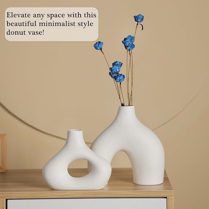 CEMABT White Ceramic Vase Set of 2 for Modern Minimalist Bohemian Decor，Round Matte Donut Vases for Pampas Grass-Perfect for Living Room, Dining Table, Office Bedroom Shelf Decor Entryway, Console