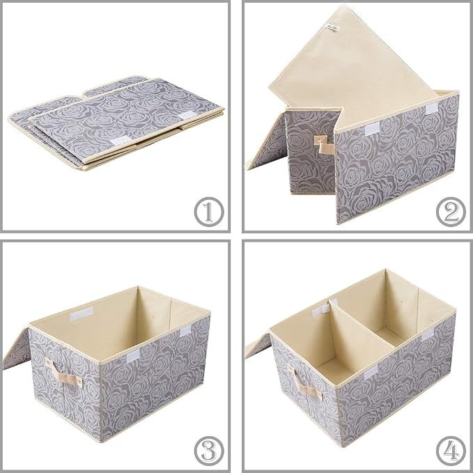 Large Foldable Storage Bins with Lids Fabric Decorative Storage Box Cubes Organizer Containers Baskets with Cover Handles Removable Divider for Home Bedroom Closet 17.3x11.8x9.8 Inch 3 Pack
