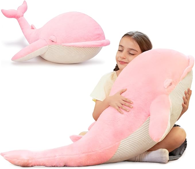 Tezituor 4ft Giant Whale Stuffed Animal, 43.3 inch Large Stuffed Pink Whale Plush Ocean Toys, Hugging Soft Whale Plush Pillow for Girls Boys
