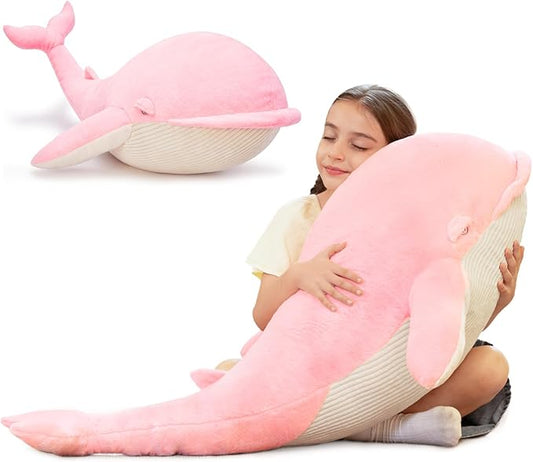 Tezituor 4ft Giant Whale Stuffed Animal, 43.3 inch Large Stuffed Pink Whale Plush Ocean Toys, Hugging Soft Whale Plush Pillow for Girls Boys