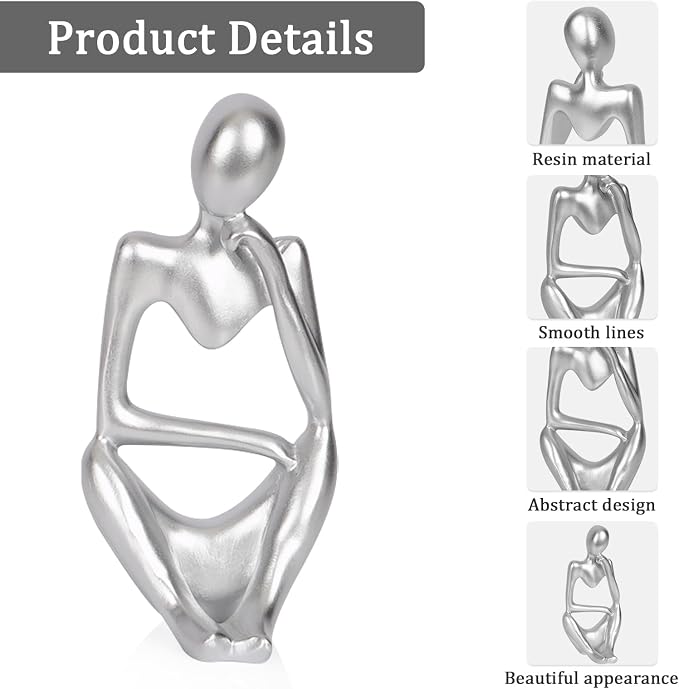 Sandstone Resin Thinker Statue Style Abstract Sculpture, Silver, Right | Small Statue Collectible Figurines, Modern Aesthetic Ornament for Home Office Bookshelf Desktop Coffee Table Decor