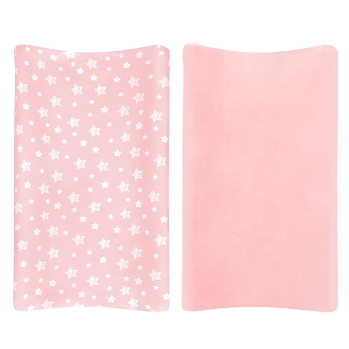 Changing Pad Cover for Girls 2 Pack, Lovely Print Soft Diaper Change Table Sheets, Fit 32"x16" Contoured Pad, Comfy Cozy 2-Pack Cradle Sheets,Pink&Pink Stars
