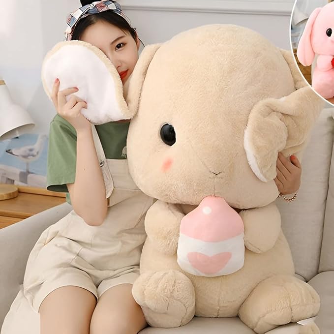 HOUPU Soft Toy - Sitting Lop Eared Rabbit, Easter White Rabbit Stuffed Bunny Animal with Carrot Soft Lovely Realistic Long-Eared Standing Pink Plush Toys (Brown-Milk Bottle,25.5in/65cm)