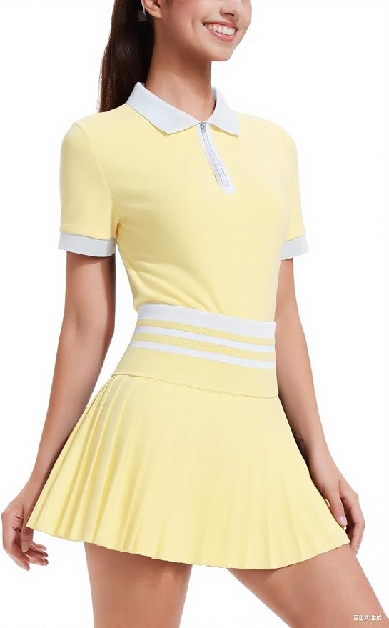 Tennis Skirt Sets for Women Zipper Color Block High Waisted Golf Polo Two Piece Skirt Set Women 2 Piece Outfits