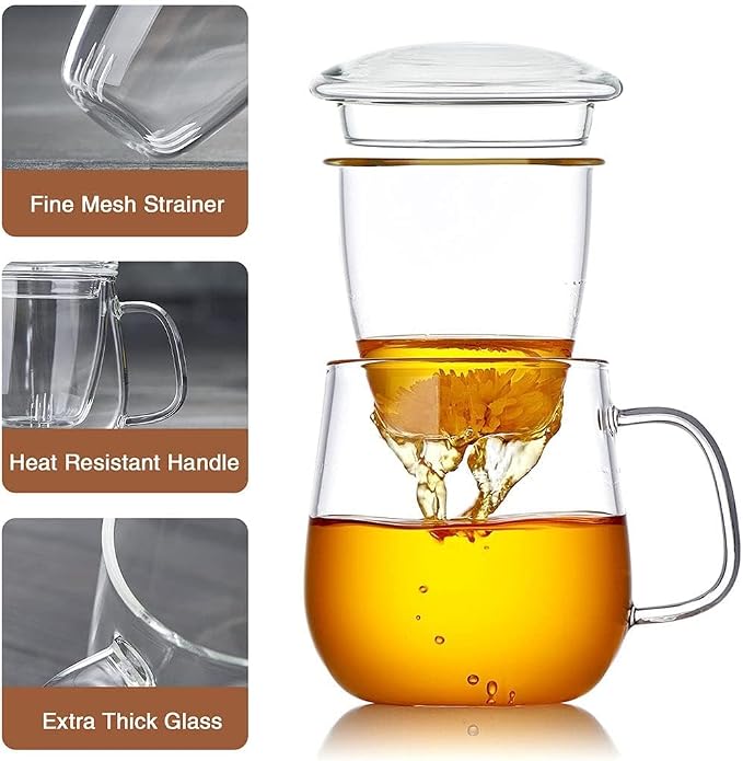 DOPUDO Glass Teacups 2 Pack Glass Tea Cup with Infuser and Lid, 17.6oz/520ml Large Borosilicate Teacup,Tea Clear Mug Cup for Loose Leaf Blooming Tea, Microwave & Dishwasher Safe.