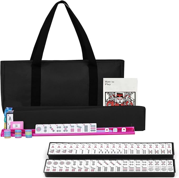 American Mahjong Set - 166 Premium White Tiles with 4 All-in-One Racks & Pushers, 3 Dices, 100 Chips, Wind Indicator & English Manual - Gift for Men Women, Classic Mah-Jong Set in Carrying Bag