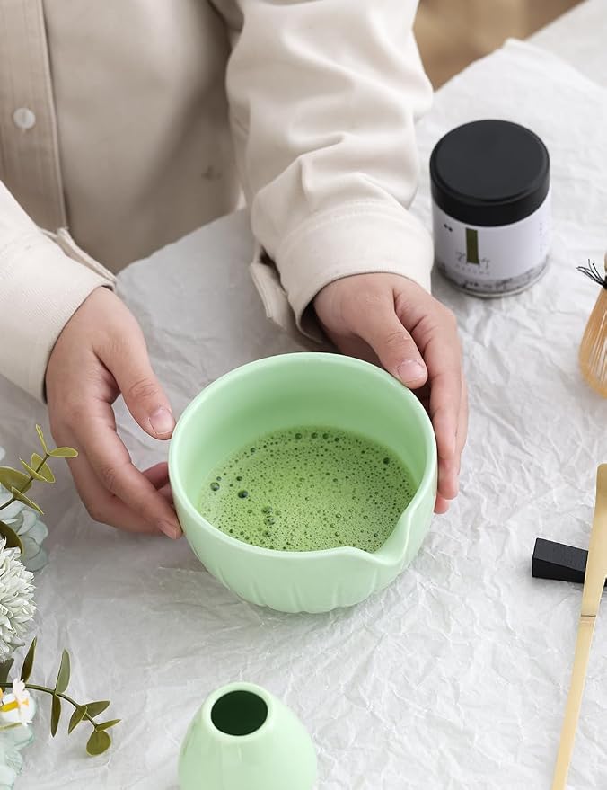 TANG PIN Matcha Set - Match Bowl and Whisk, 15 OZ, Matcha Scoop | Matcha Whisk Stand (Chasen Holder) - 5pc Perfect Matcha Kit for Matcha Tea Ceremony (Green)