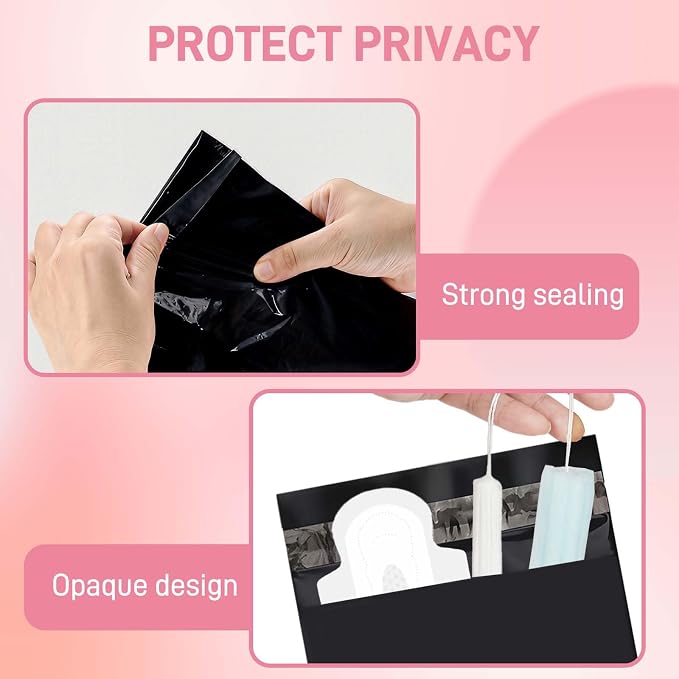 Sanitary Napkin Disposal Bags FARVIGOR, 100Pcs Women Feminine Hygiene Disposal Bags for Tampons and Pads, Personal Disposal Bag Self-Sealing, Privacy Protection, 9.8x5.9"(Black)