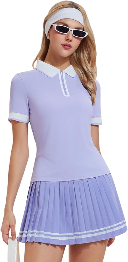 Women's 2-Piece Tennis Skirt Set, Polo V-Neck Top & High-Waisted Pleated Skirt, Athletic Outfit for Golf Pickleball