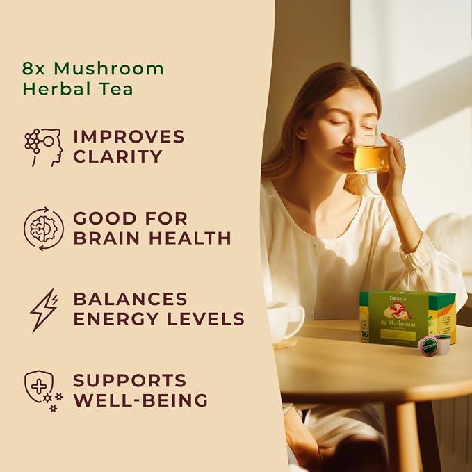 Gya Tea Co 8X Mushroom Herbal Tea Pod (16 Count)- Decaf Wellness Tea for Body Comfort & Relaxing