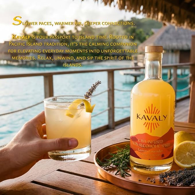 Kavaly Non Alcoholic Kava Drink, Premium Alcohol Free Kava Infused Spirit for Mocktails and Mixed Drink Recipes, Alcohol Alternative with 205mg Kavalactones, Low Calories, Lemon Lavender Flavor, 750ml