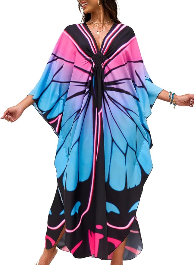 ChiaoLezhee Print Moo-Moos for Women, Kaftan Cover-Up Dresses, Sexy V-Neck High-Slit, Beach Pool-Party Coverups Muumuu Plus
