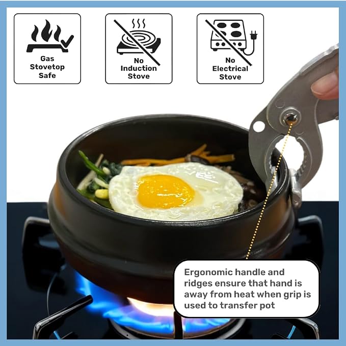 Korean Stone Pot Set, Dolsot Ttukbaegi Cookware, 38.7oz | 7 Piece Set, 38.7oz, Hot Pot Grip, For Bibimbap Soup Jjigae and Ramen, Ceramic Earthenware, Korean Soup Bowl