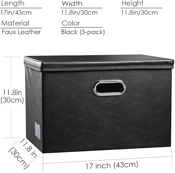 Large Stackable Storage Boxes with Lids [5-Pack] Leather Fabric Foldable Storage Bins Organizer Containers Baskets Cubes with Cover for Bedroom Closet Office Nursery Black(17.7x11.8x11.8)