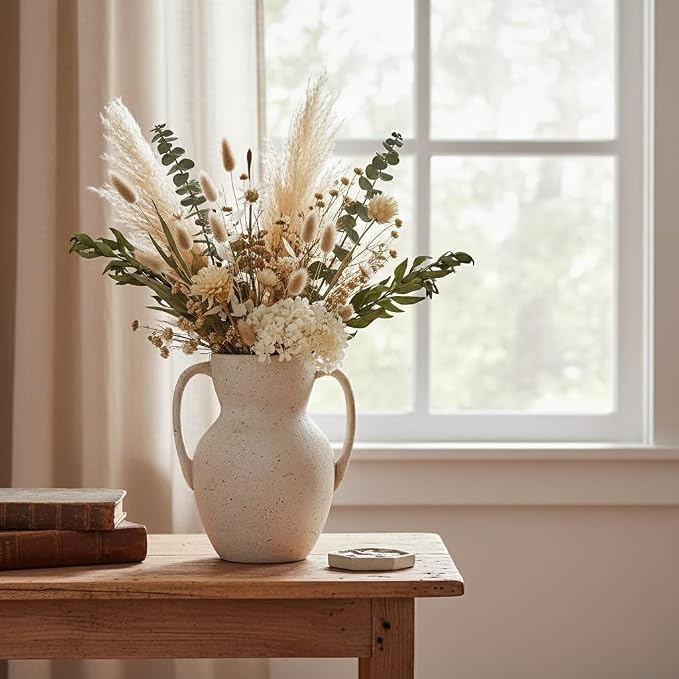 Emotionally Grounded Vase, Vaseking Large Ceramic Rustic Vase with 2 Handles, 8.6 inch Minimalist Decorative Farmhouse Vases for Home Decor, Living Room, Enterway, Table Decoration, Speckled White