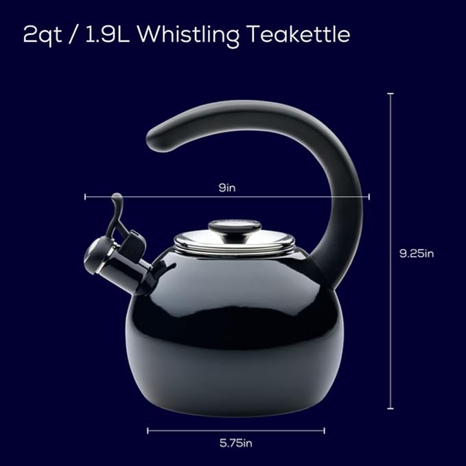 Circulon Enamel on Steel Whistling Induction Teakettle, Tea Kettle for Stovetop with Flip-Up Spout, 2-Quart, Black