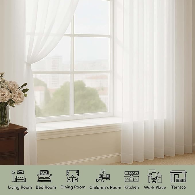 OWENIE Sheer Ivory Curtains, Sheer Curtains 63 inch Length 2 Panels Set, Rod Pocket Voile Fimly Sheer Drapes for Living Room Bedroom, 2pcs, Ivory, Each 59" W x 63" L