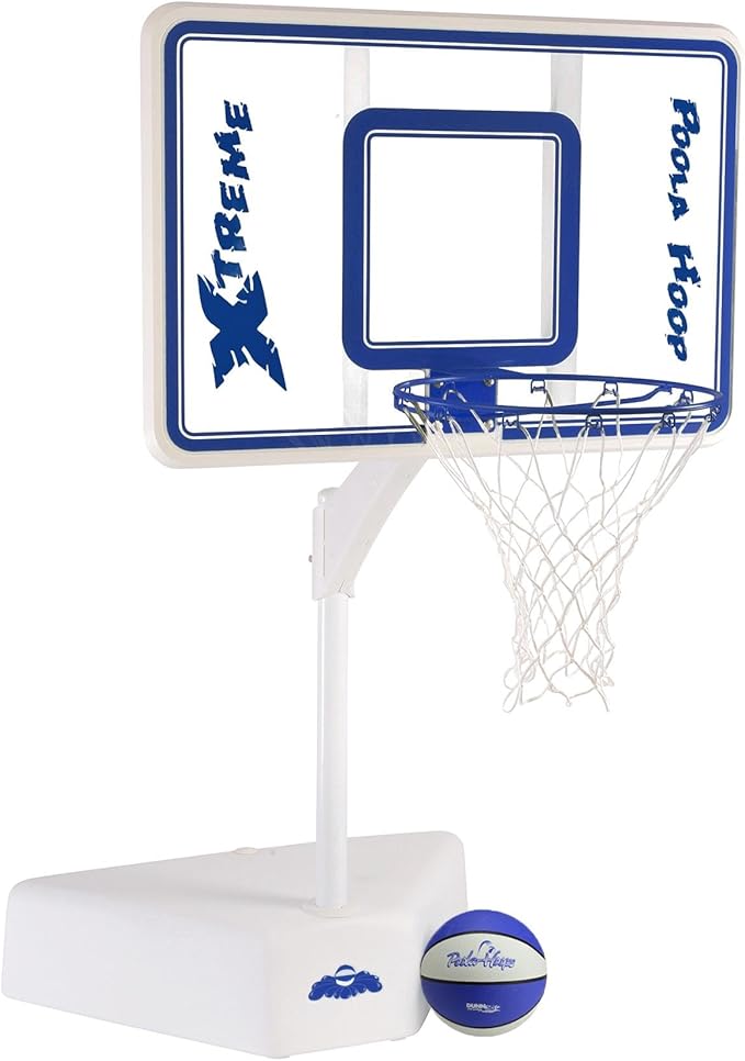 Dunn-Rite Splash & Shoot Outdoor Adjustable Height Swimming Pool Basketball Hoop w/Ball, Base, & 18 Inch Stainless Steel Rim for Adults & Kids, Choose Clear or White (Clear Xtreme Blue)