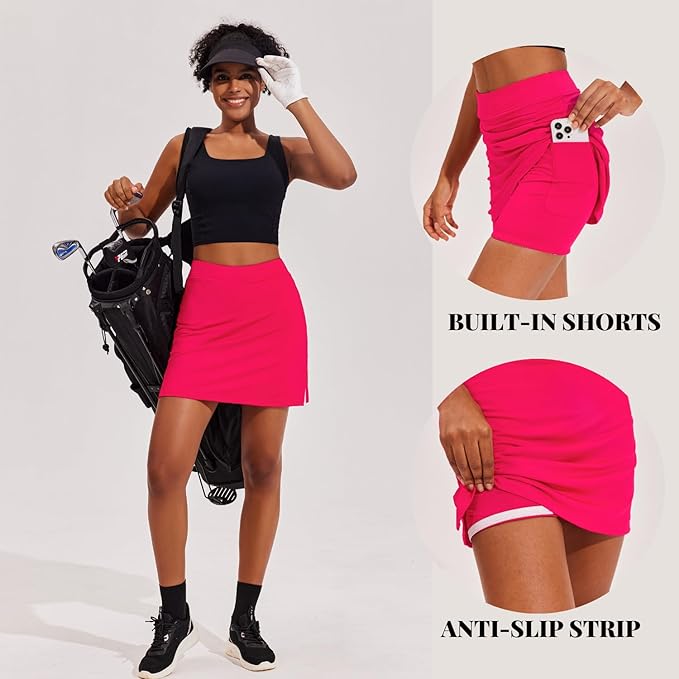 Ekouaer 16" Skorts for Women with Pockets Golf Pickleball Tennis Skirt | Silicone Grippers,2 Inner Pockets,Wide Waist,Side Slit Hem,Breathable,Soft,Lightweight